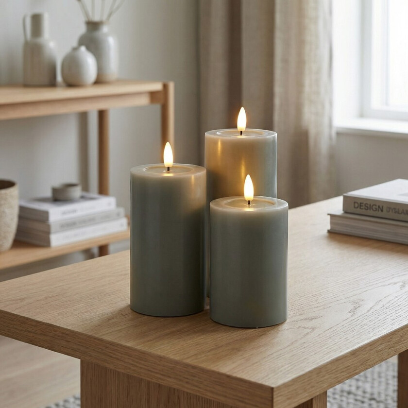 Bilde av Sett med 3 stk. LED-kubbelys, grønn - Ø7,5cm, 10/12,5/15cm høy, fungerer m. fjernkontroll, timer, ekte stearin