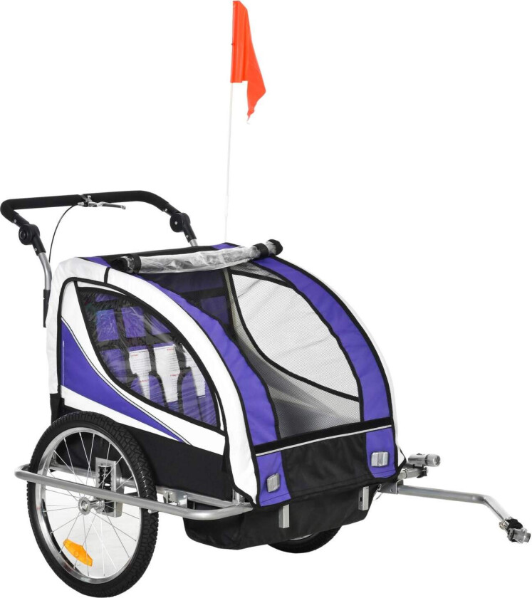 Sykkelvogn til 2 barn med regntrekk, lilla/svart