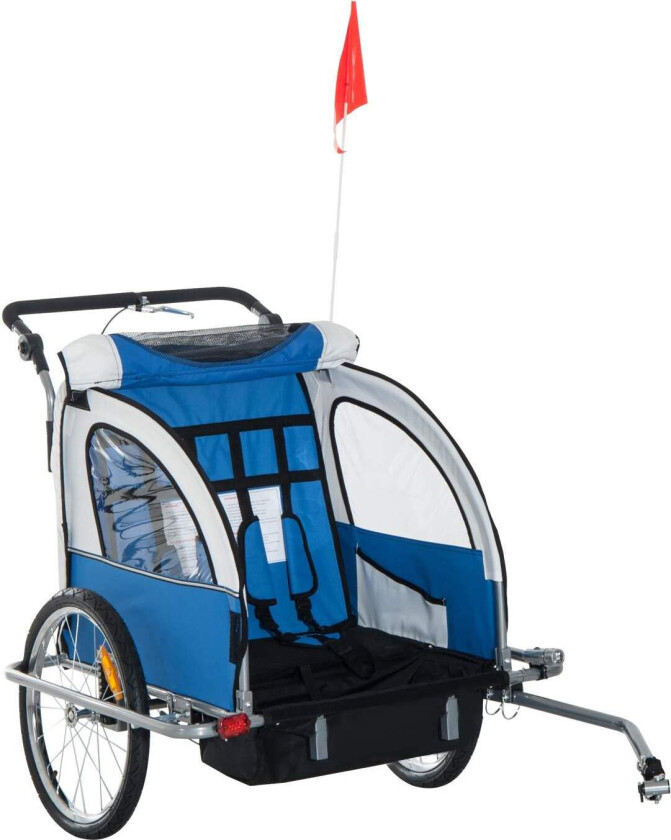Blå Barnehenger Sykkelvogn med Flagg og Regntrekk