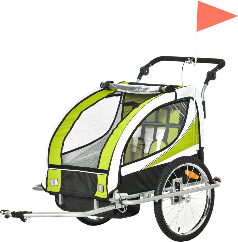 Sykkelvogn for 2 barn med regntrekk, grønn/svart