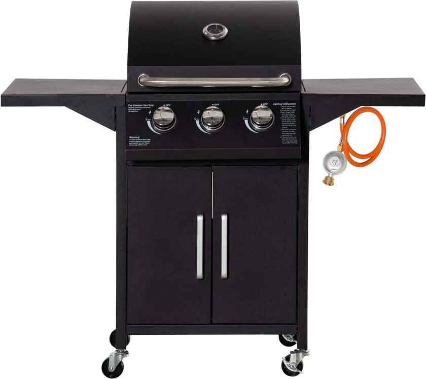 Gassgrill 3 Brennere 3kW Mobil med Sidebord