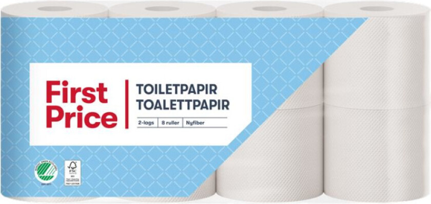 Toalettpapir 2-lags toalettpapir, fremstilt av 100% nyfiber. Rull-lengde ca. 25 meter.