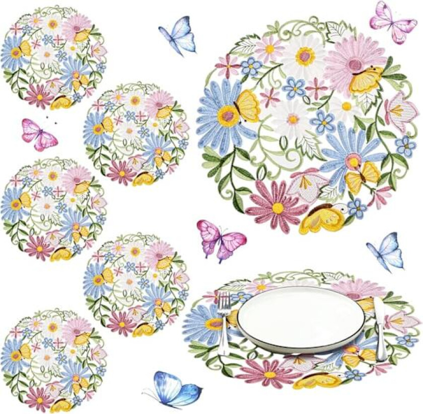 6 stk. 35,5 cm Runde Bordbrikker med Vårmotiv, Påske Blomsterbroderte Duker, Tusenfryd Bordbrikke for Hjem Spiseferie Kjøkkenborddekorasjon