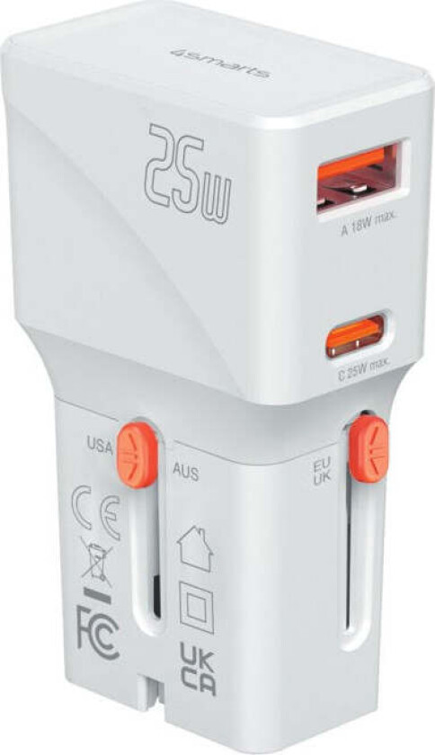 25W Reiseadapter for EU/UK/US/AUS med 1 x USB-C 1 x USB-A - Hvit