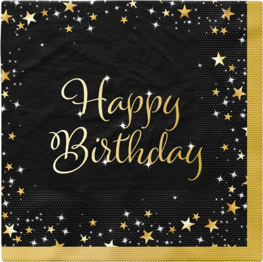 Servietter Happy Birthday Svart/Gull - 16-pakning