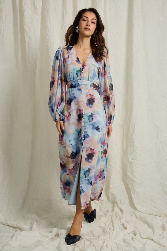 Maxikjole i chiffong med knappelukking - Blå