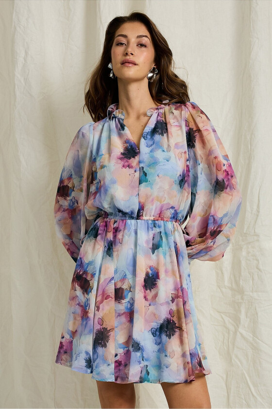 Chiffonkjole med ballongermer - Blå