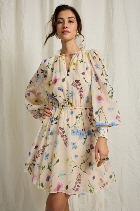 Chiffonkjole med ballongermer - Gul