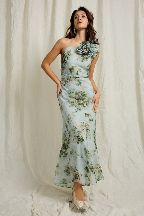 Maxikjole med blomsterapplikasjoner - Grønn