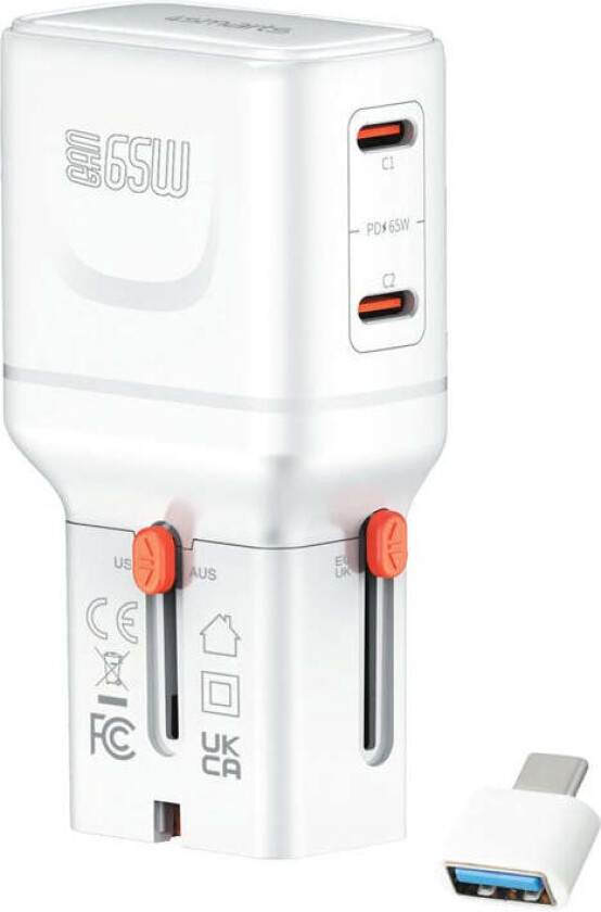 65W Reiseadapter for EU/UK/US/AUS med 2 x USB-C & 1 x USB-A Adapter - Hvit