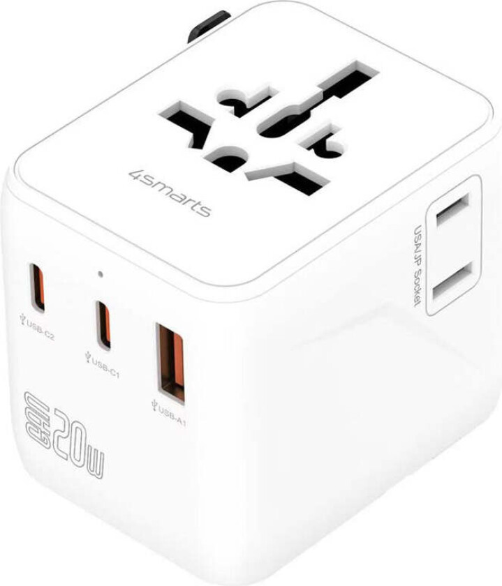 Nomad Universal Reiseadapter 20W med 2 x USB-C & 1 x USB-A - Hvit