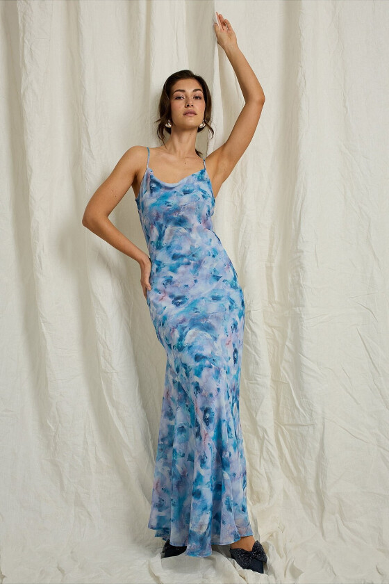 Maxikjole i chiffon - Blå