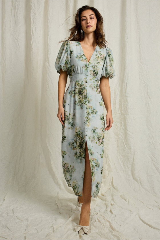 Maxikjole i chiffong med knappelukking - Grønn