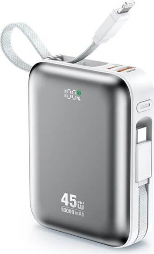 Powerbank 45W 10000 mAh med USB-C og Lightning-kabel - grå