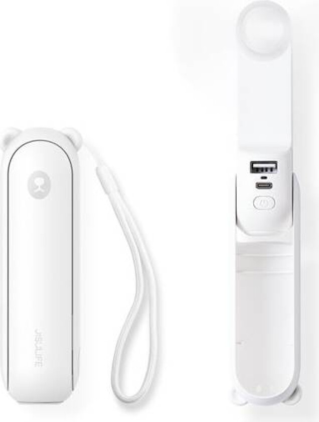 håndholdt vifte Life8 Mini bærbar USB-vifte med 2000 mAh strømbank og lommelykt - hvit