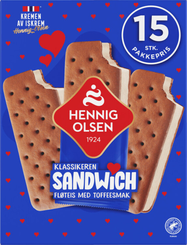 Sandwich En klassiker i over 40 år som alle liker. Fløteis med toffee-smak mellom to skiver sjokoladekjeks.