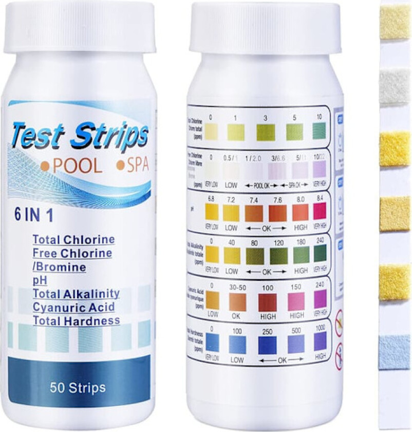 6-i-1 Basseng- og Spa-teststrimler, Vanntester 50-pakning - pH, Klor, Alkalinitet, Cyanursyre, Hardhet