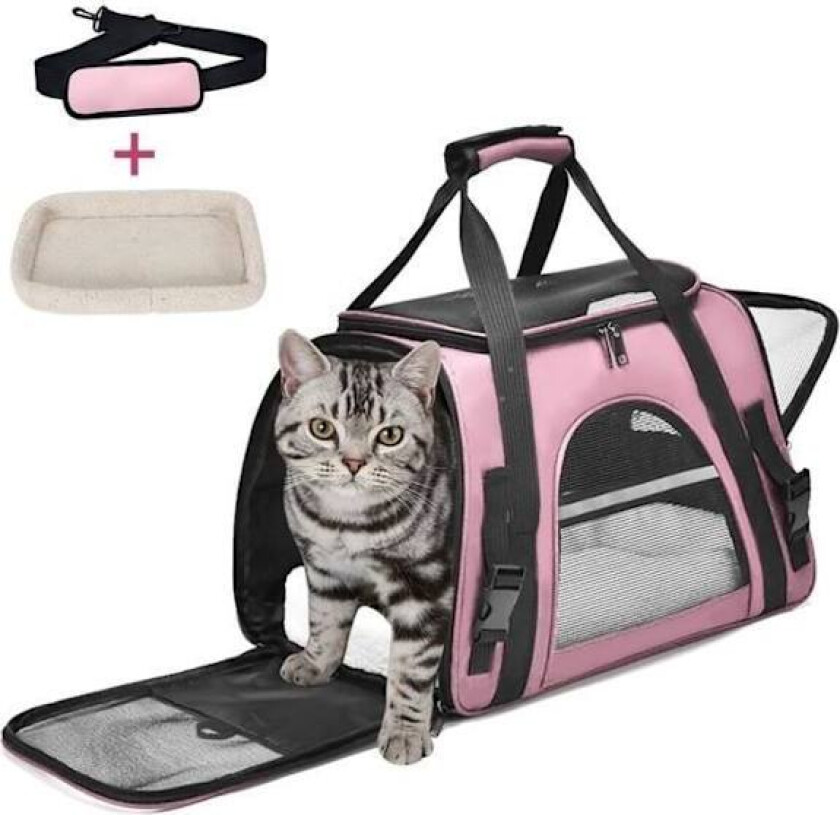 (Rosa) Katte- og hundebæreveske, pustende og sammenleggbar kattebæreveske med avtakbar myk matte og skulderstropp - Rosa, for reise