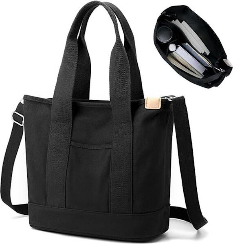 Canvas Håndveske, Tøyveske Dame, Skulderveske Dame, Canvas Tøyveske Skulderveske Shopper med Glidelås for Hverdag, Skole, Shopping, Arbeid, Reise svart