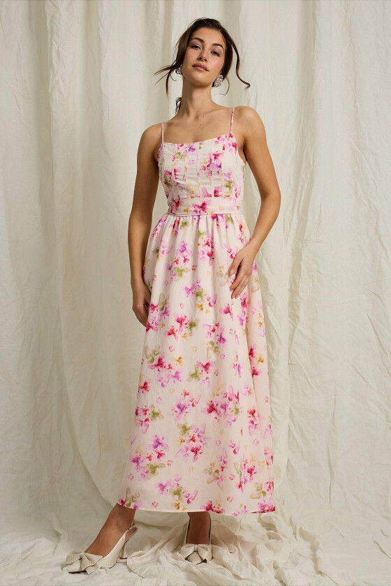 Maxikjole med knytebånd - Natur