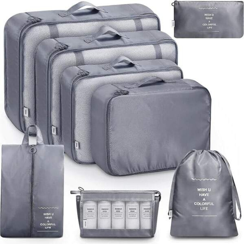 8-paknings Organizer Sett for Kofferter, Oppbevaringsposer, Pakkekuber, Reisevesker, Gaver