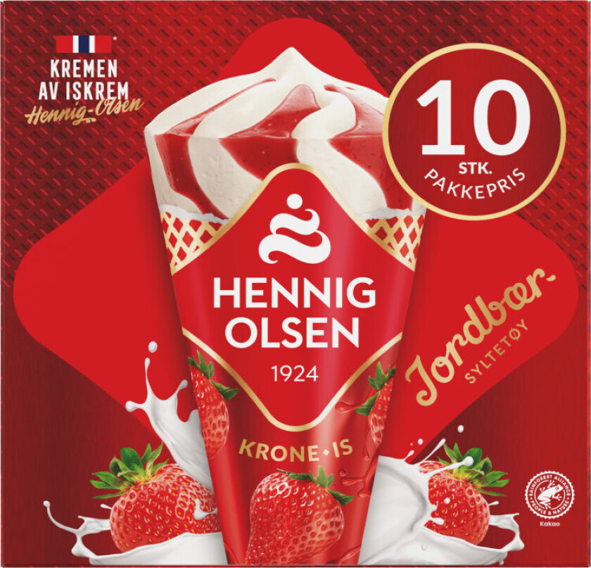 Krone-Is Jordbær Jordbær er en fløteis i kremmerhus med egenprodusert jordbærsyltetøy. Tidløs og klassisk.