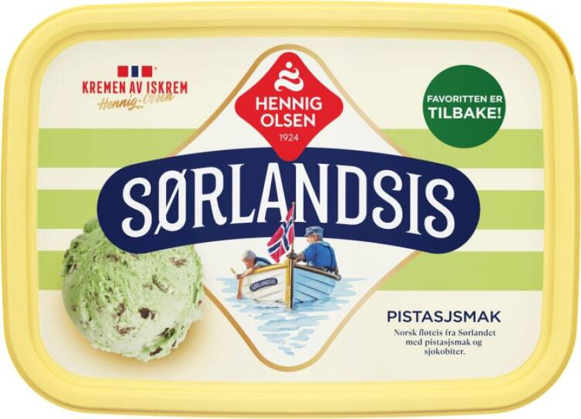 Sørlandsis Sørlandsis Pistasjsmak er en fløteis med pistasjsmak og sjokobiter. Sørlandsis Pistasjsmak er en favoritt hos hele familien. Passer perfekt som dessert til både hverdags og fest!