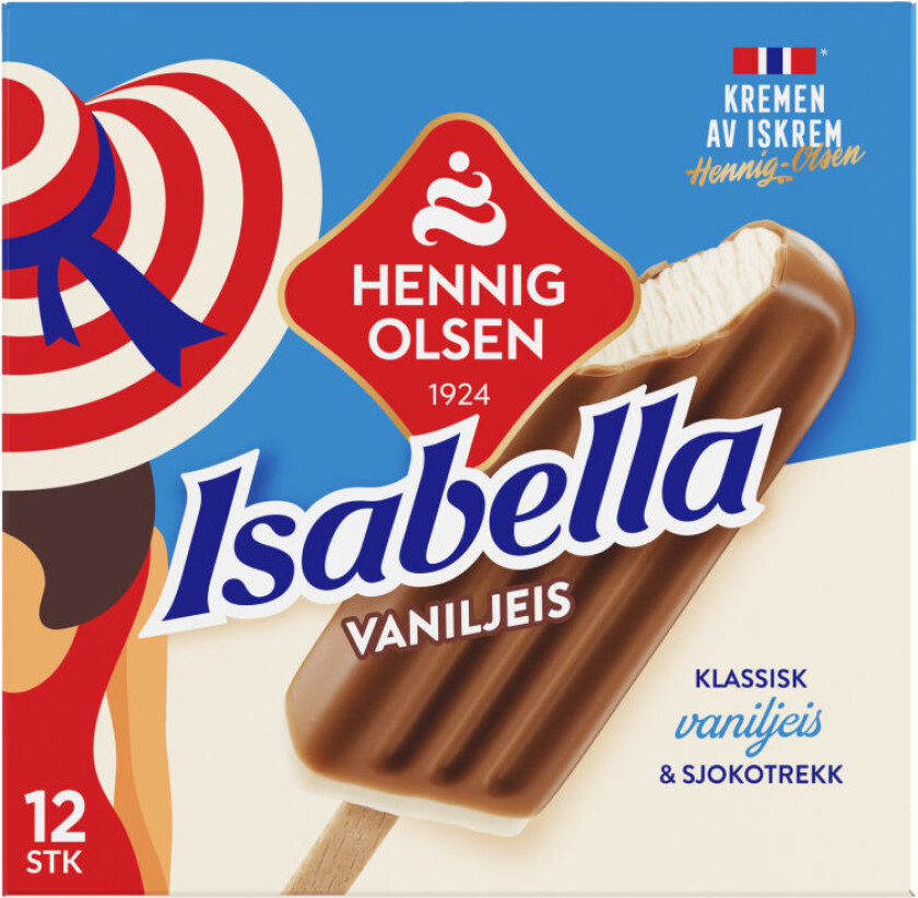 Vaniljeis 12stk er klassisk vaniljeis. Til glede for alle som elsker klassisk fløteis med sjokotrekk. Det passer å servere til både små og store anledninger.