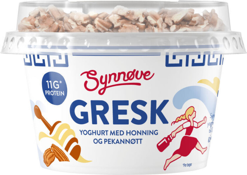Yoghurt Gresk "Kremet gresk yoghurt med lite fett og rik på protein, laget etter tradisjon i Hellas. Kombinasjonen av søt honning og sprø pekannøtter gjør den til en klar favoritt."