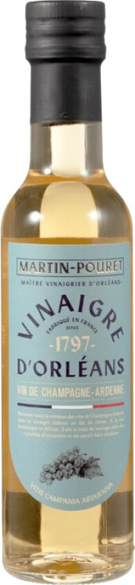 Champagneeddik Fransk champagneeddik med mild syre og delikat fruktighet. Laget etter tradisjonell Orléans-metode av hvitvin fra Champagne perfekt til salater lette sauser og sjømat.