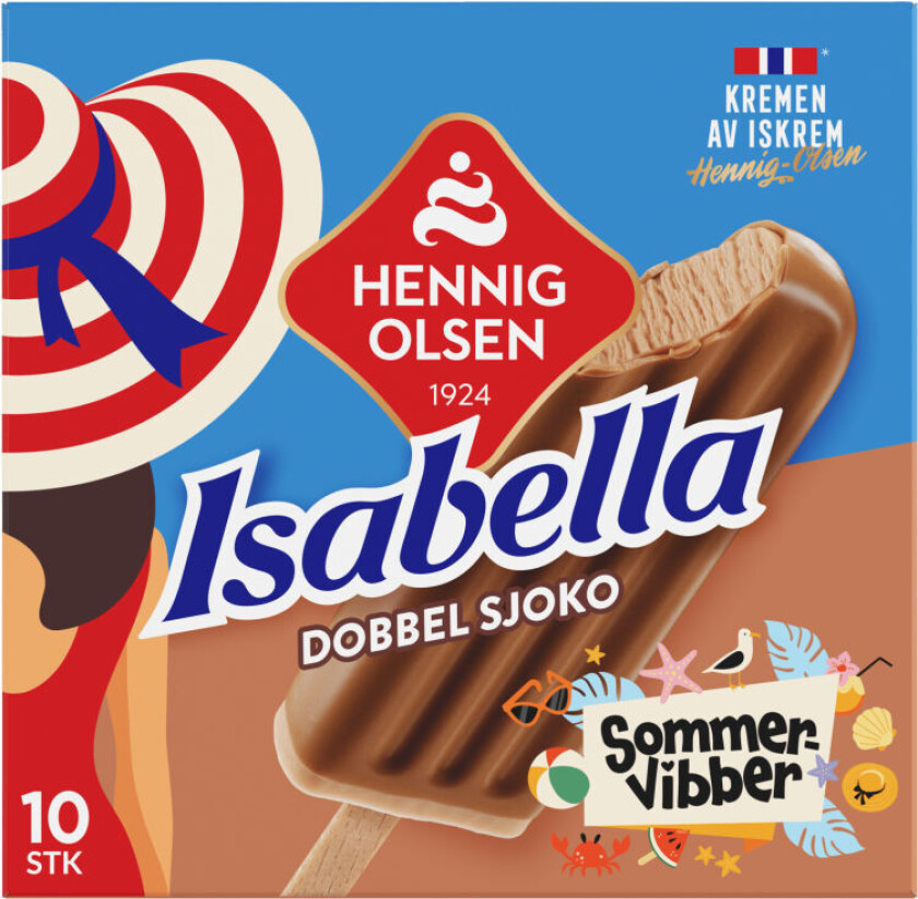 Isabella Dobbel Isabella Dobbel Sjoko 10stk, en klassisk sjokoladesmak som alle liker! Pinneis med kremet fløteis med sjokoladesmak og et deilig sjokoovertrekk.