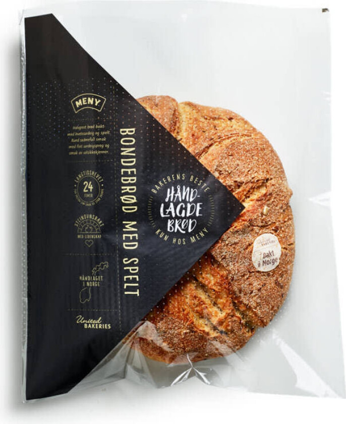 Bondebrød Spelt Halvgrovt brød bakt med hvetesurdeig og spelt. Rund sødmefull smak med fint surdeigspreg og smak av solsikkekjerner. Løfter enhver lunsj og middag. Stekt i butikk av fryst bake-off.