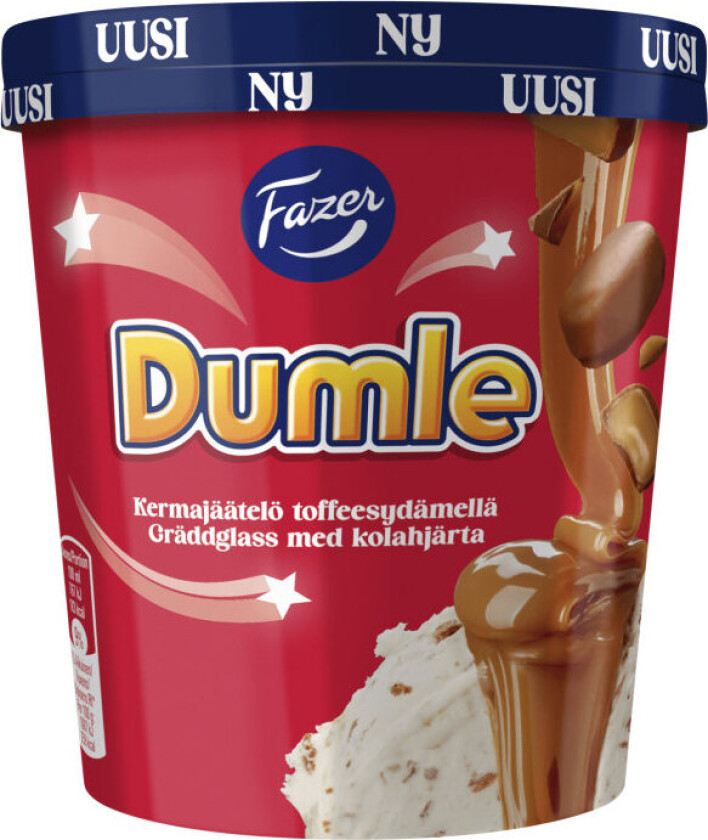 Fløteis Dumle Vanilje fløteis med karamellsaus og biter med sjokoladesmak.