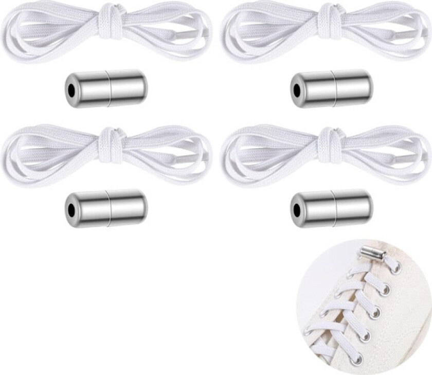2 par hvite elastiske skolisser uten knyting, hvit, én størrelse, 100 cm/stk