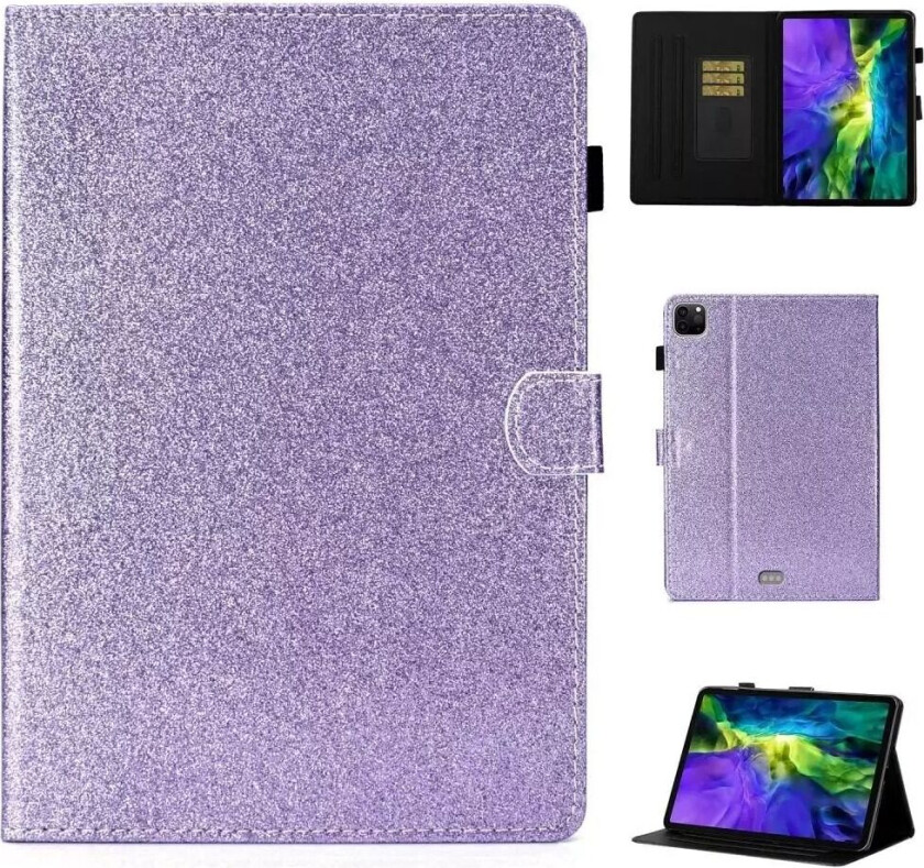 iPad Air (2022/2020) / Pro 11" (2022 / 2021 / 2020 / 2018) Glitter Deksel m. Stativ & Kortholder - Glitter Lilla