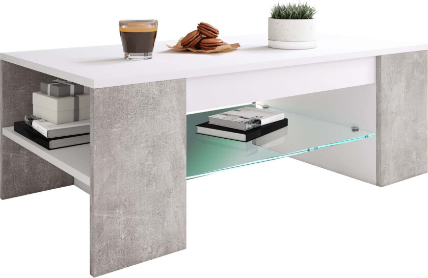 Tunas sofabord 1 hylle hvit, betong dekor.