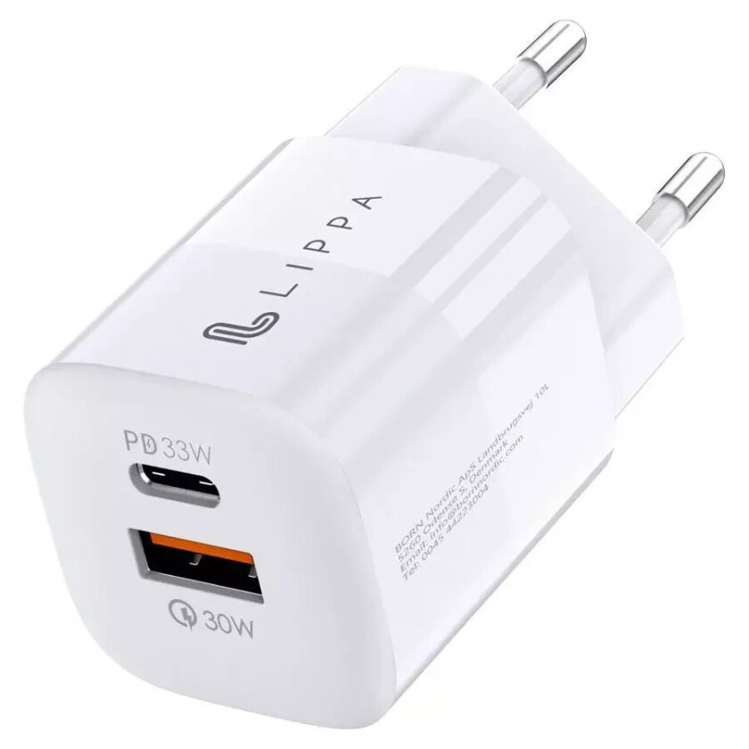 GaN Vegglader 33W m. USB-C PD & USB-A QC - Hvit