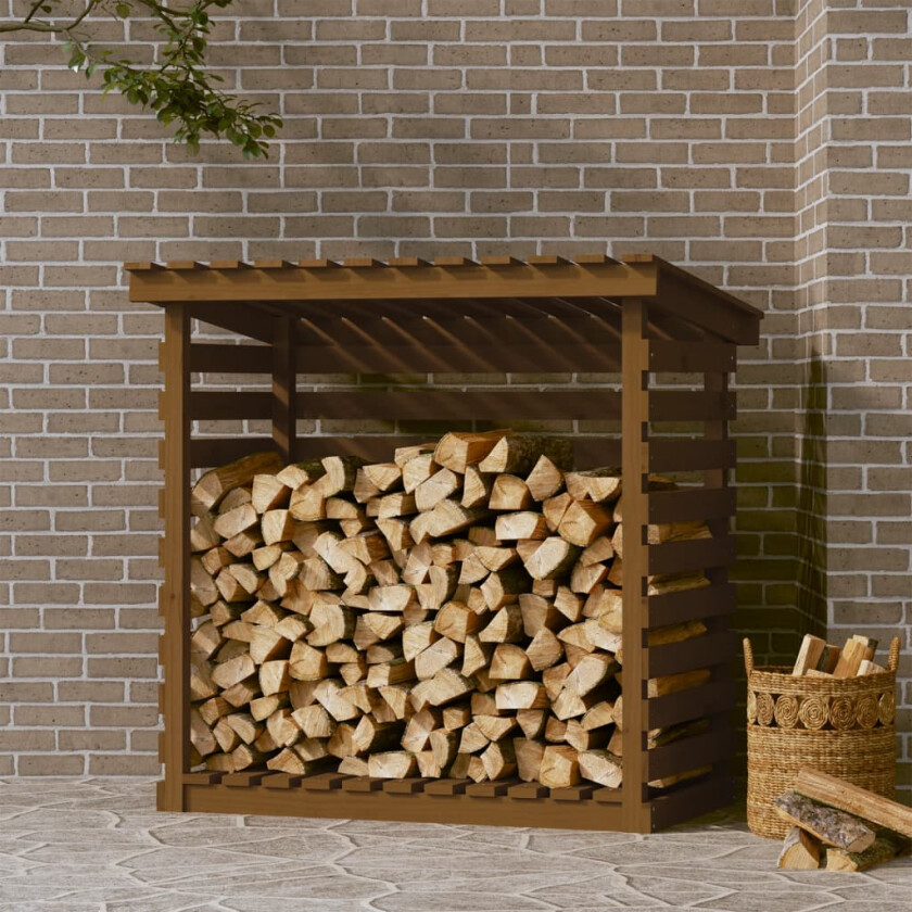 Vedstativ honningbrun 108x73x108 cm heltre furu