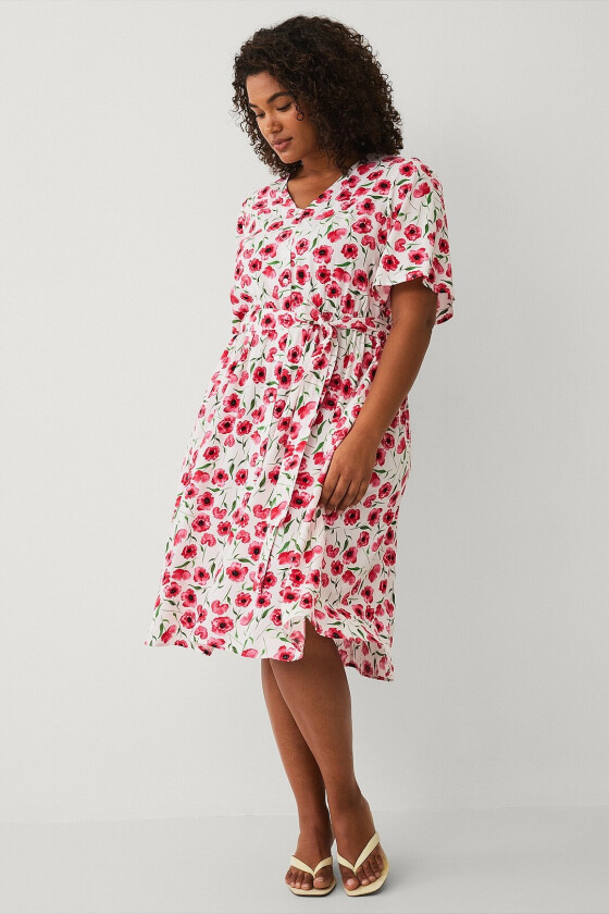 Kjole med draperte volangermer - Rød