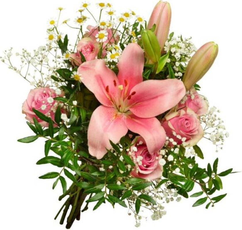 Gavebukett Delikat Gavebukett delikat rosa, Håndbundet blomstermiks med lilje og roser