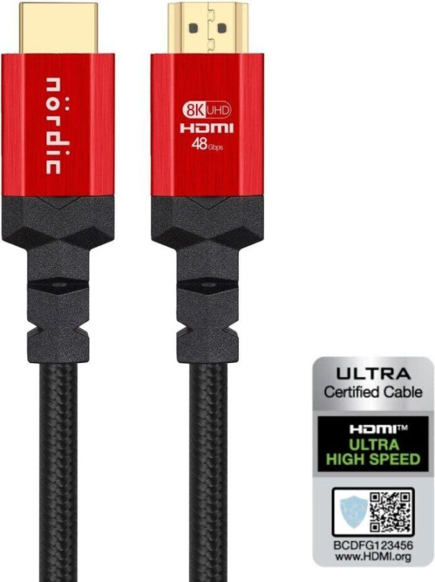NÖRDIC CERTIFIED CABLE 50cm Ultra High Speed HDMI 8K 60Hz 4K 120Hz 48Gbps Dynamisk HDR Earc VRR NylonFlettet Kabel Forgylt Kontakt informasjon HDMI2.1