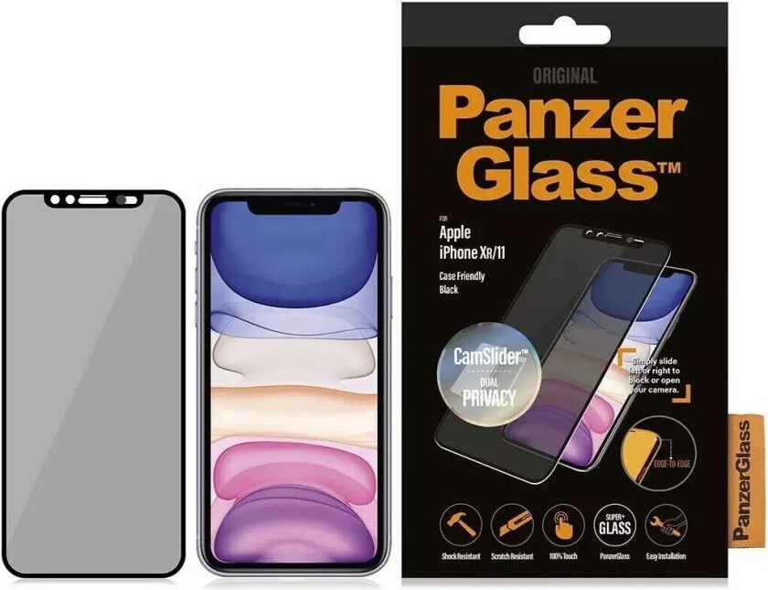 iPhone 11 / XR  Curved Glass Skjermbeskytter - Case Friendly - Privacy + Camslider - Svart