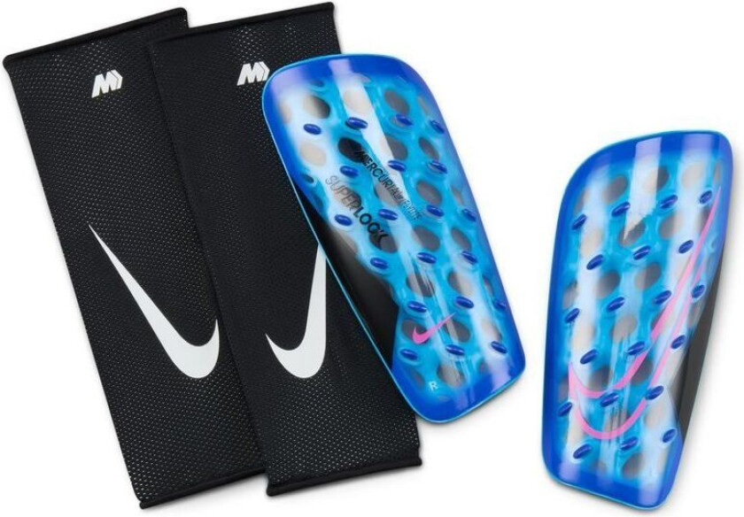 Leggbeskyttere Mercurial Flylite Superlock Attack - Blå/Svart/Rosa, størrelse Medium/150-170cm