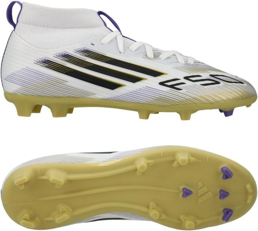 F50 League Mid FG/AG Road to Glory - Fottøy Hvit/Svart/Gull Metallisk Barn, størrelse 28½