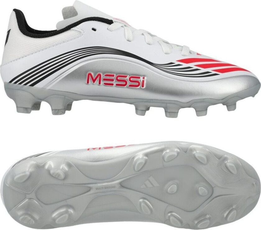 F50 Messi League MG Prestig10 - Fottøy Hvit/Lucid Red/Sølv Metallisk Barn - Multi Ground (MG), størrelse 37⅓