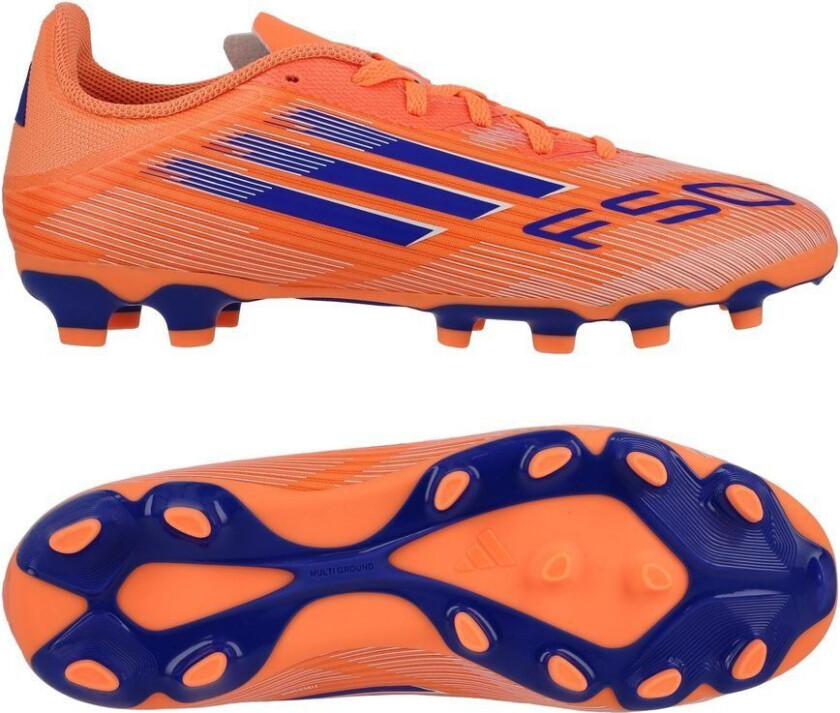 F50 League MG Coral Blaze - Oransje/Lucid Blue/Fottøy Hvit Barn - Multi Ground (MG), størrelse 38⅔