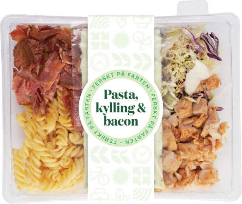 Kyllingsalat Nydelig kyllingsalat, med bacon og pasta, greengodess dressing.
