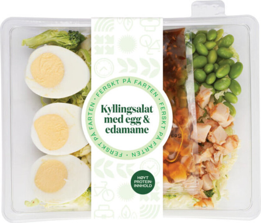 Proteinsalat Proteinboost, kylling, egg og edamamebønner med en knallgod lemonpoppyseed dressing.