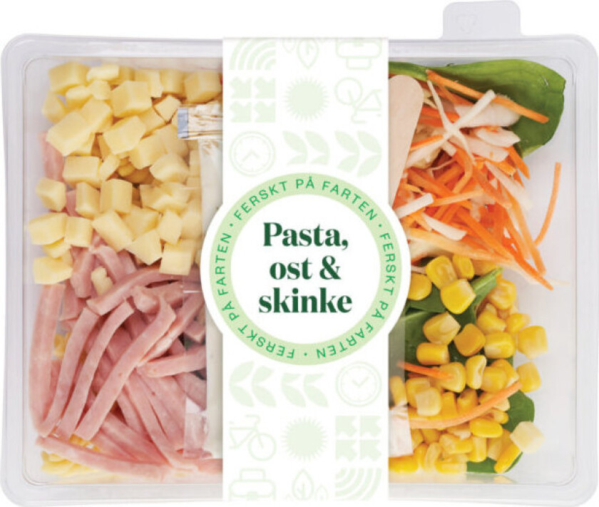 Ost, Skinke & Pastas Pastasalat med ternet ost, skinke, mais og creme fraiche dressing , en klassiker alle liker.