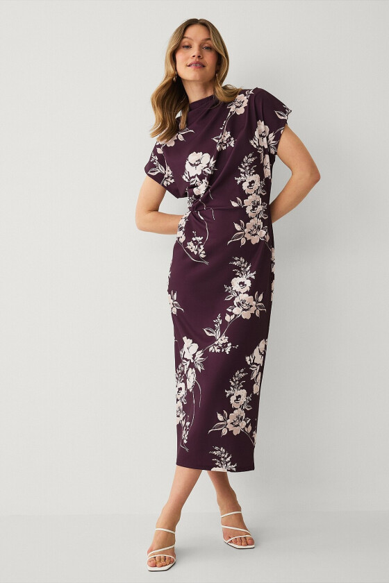 Lang trikotkjole med drapering - Lilla